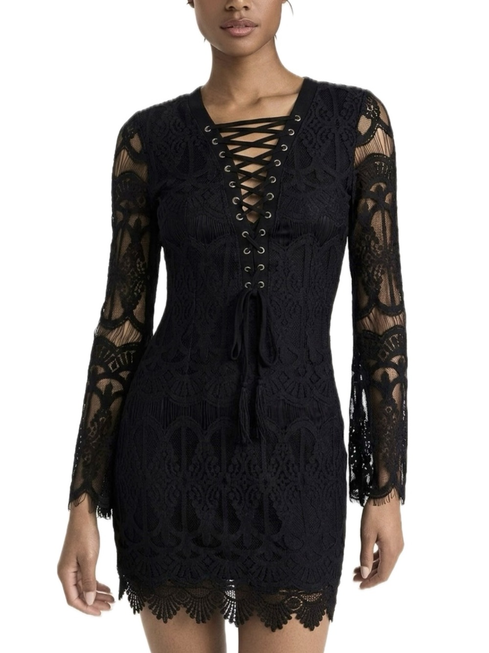 Glamourous Black Lace Up All Over Lacey Dress Size XS Bell Sleeve Fairy Goth